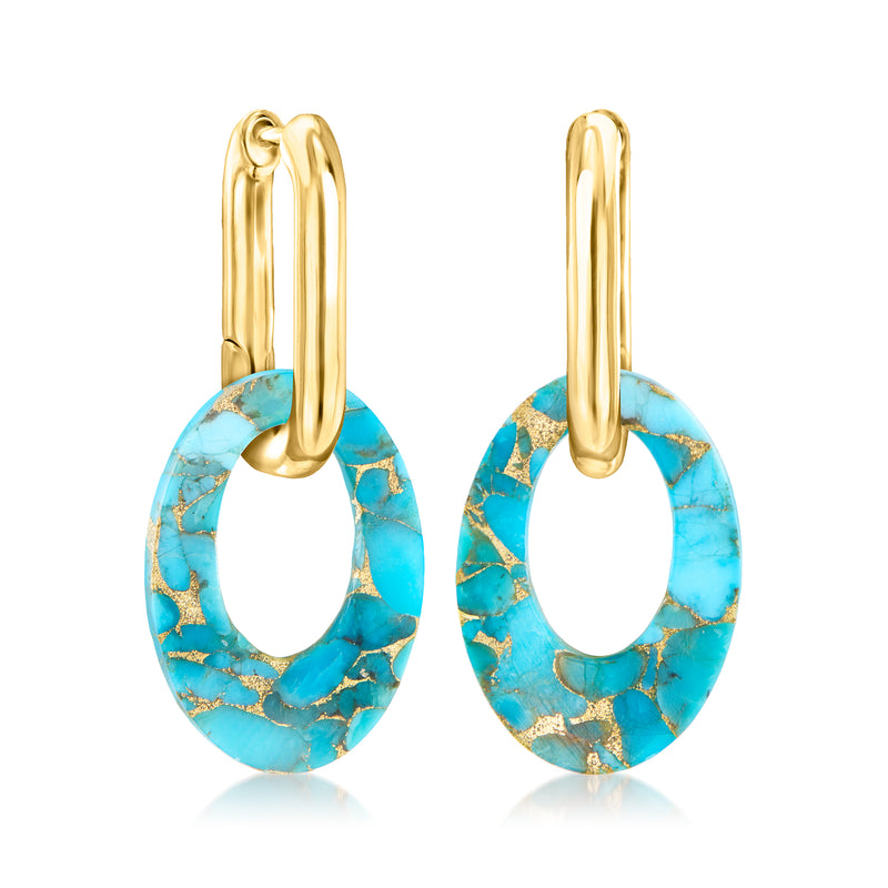Gold hoop earrings with oval turquoise drops, gold-tone frames