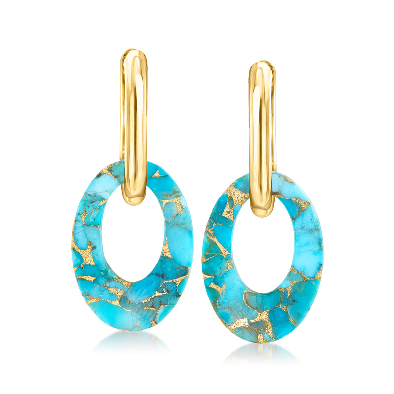 Gold hoop earrings with oval turquoise drops, teal stone with gold flecks