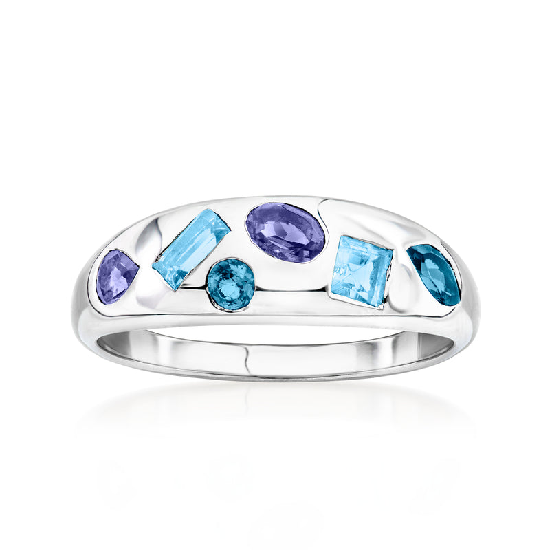 Sterling silver multi-gemstone ring with oval and square blue & purple stones