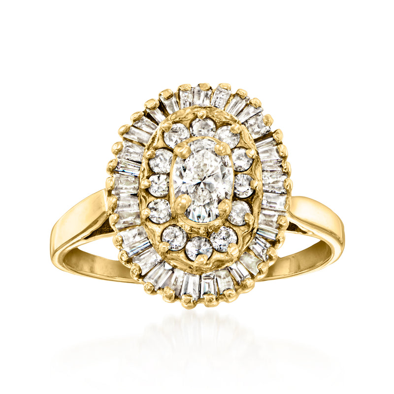 Yellow gold diamond cluster ring with oval center stone and round halo diamonds