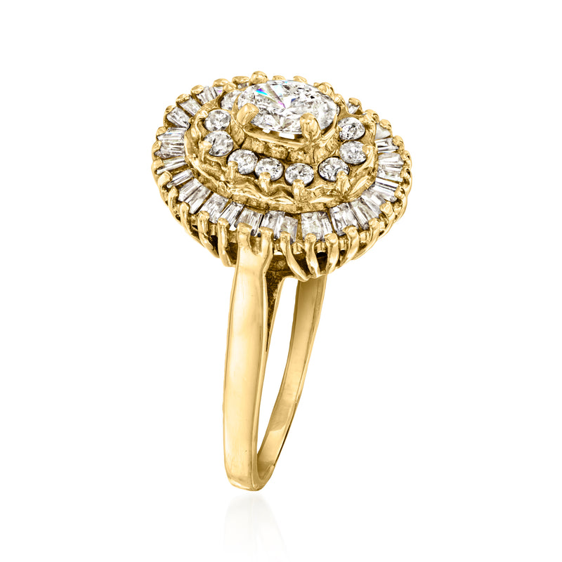Yellow gold diamond cluster ring with oval center stone and baguette-style halo