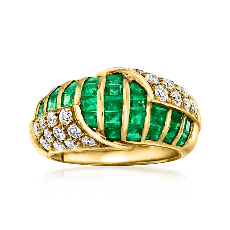 18kt yellow gold vintage ring with green emerald center and diamond accents