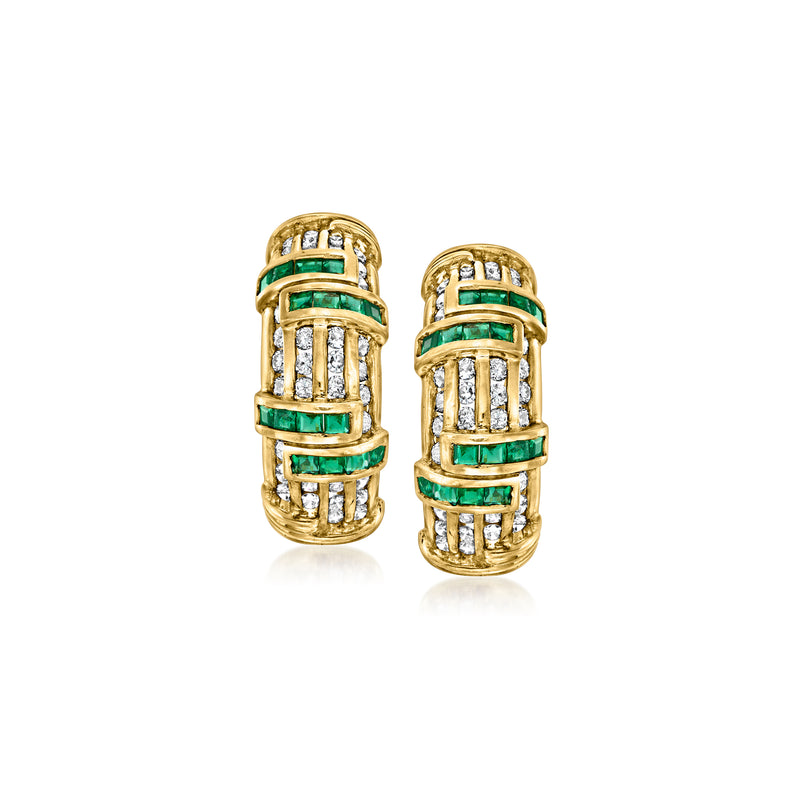 Curved 18k yellow gold earrings with emerald and diamond band accents