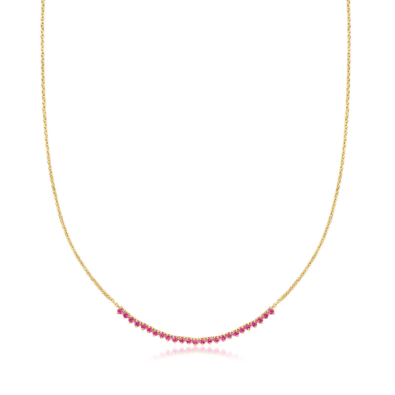 18kt gold over sterling ruby tennis-style necklace with curved row of small pink-red gemstones