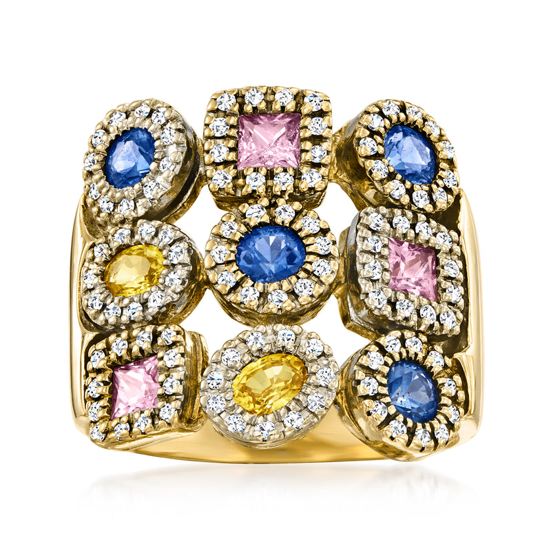 Multicolored sapphire ring with diamond halos in 14kt yellow gold, blue and pink center