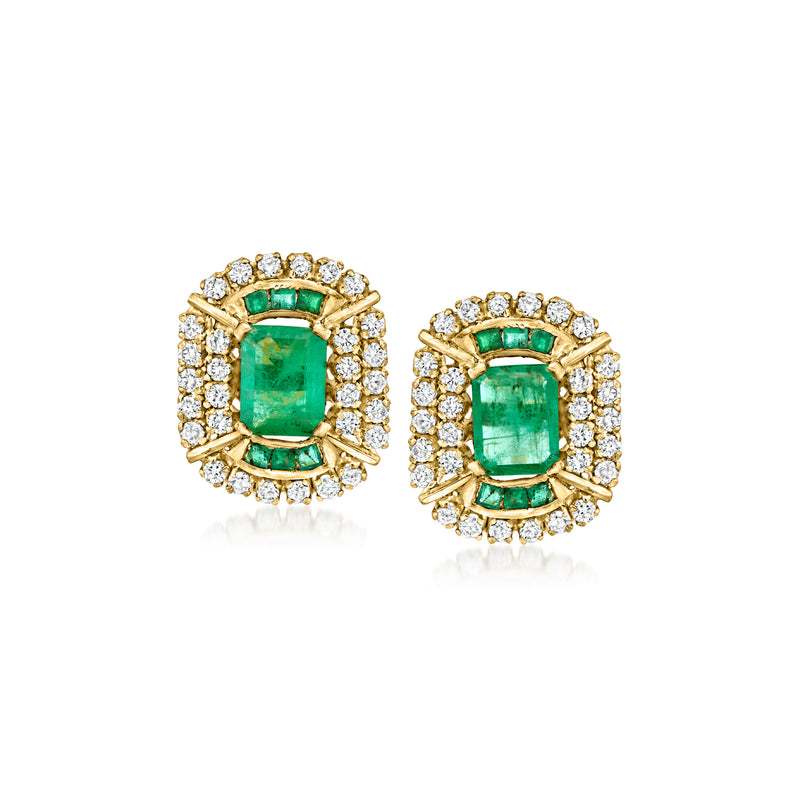 Gold post earrings with emerald square stones and diamond halo settings