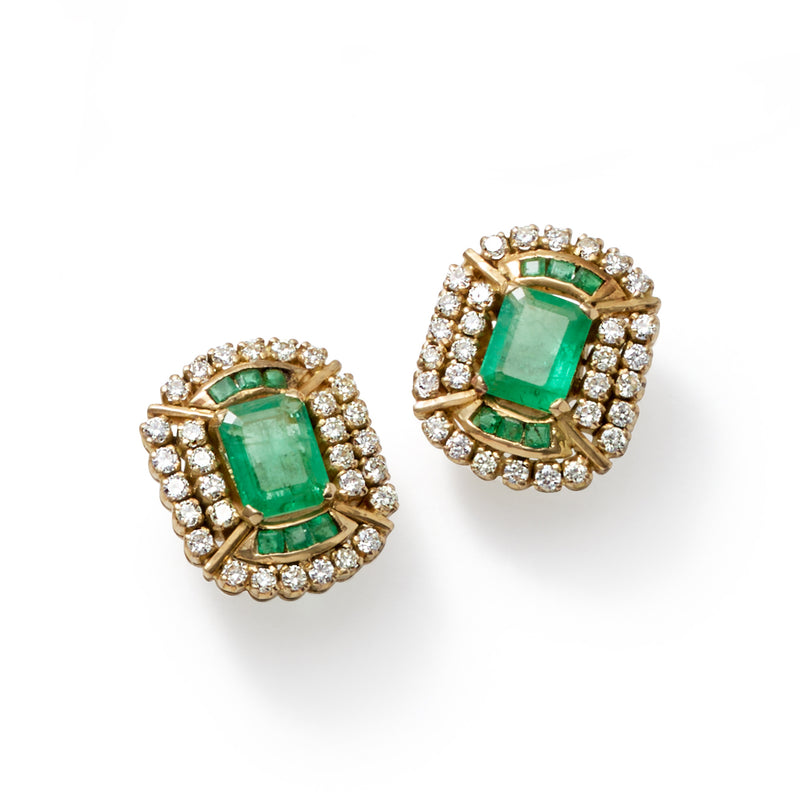 Vintage 14kt yellow gold emerald and diamond post earrings