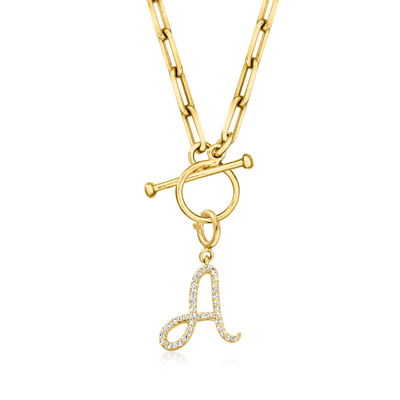Gold necklace with diamond initial charm letter A on a dangling bail