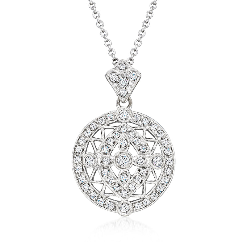18k white gold diamond openwork circle pendant necklace, round lacework disc