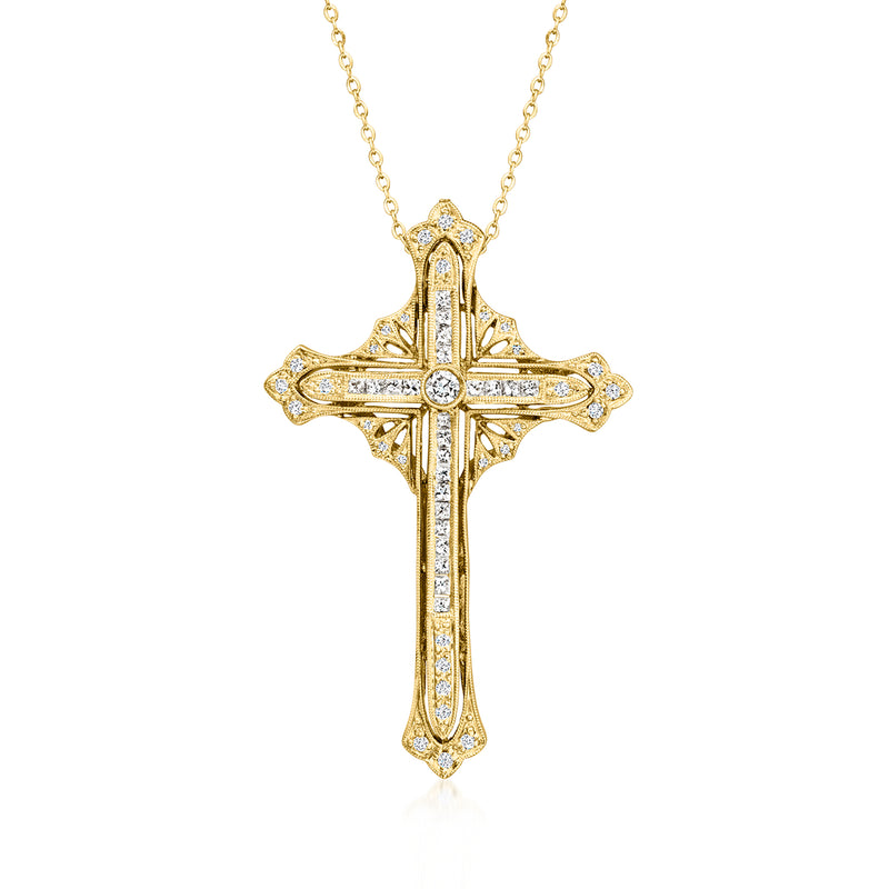 Vintage 18k yellow gold diamond cross pendant necklace with gold chain