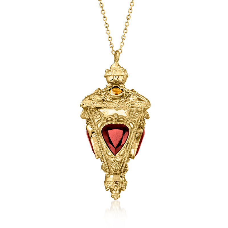 18kt yellow gold lantern pendant necklace with deep red gemstone center
