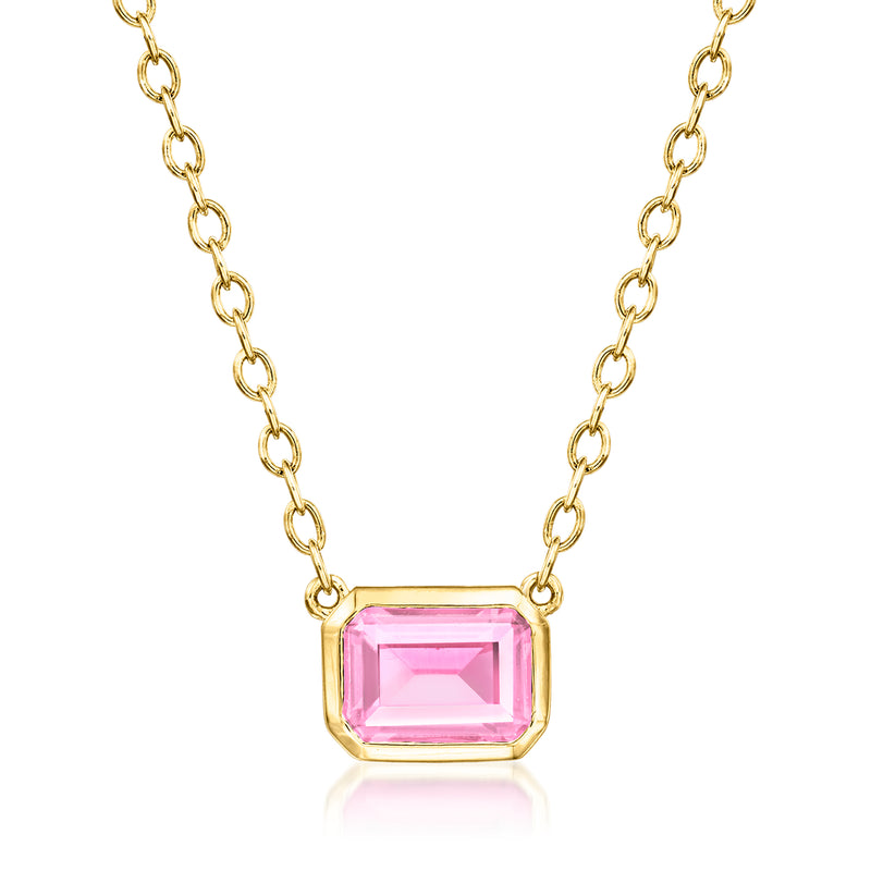 Gold-tone chain necklace with square pink gemstone pendant on link chain
