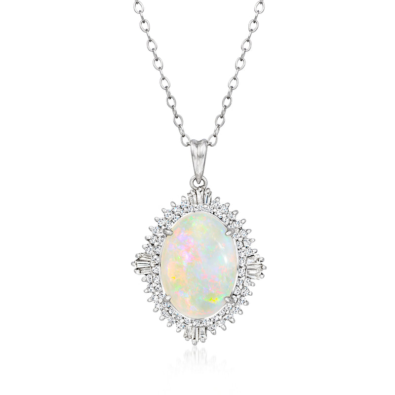 Platinum pendant necklace with oval opal and diamond halo