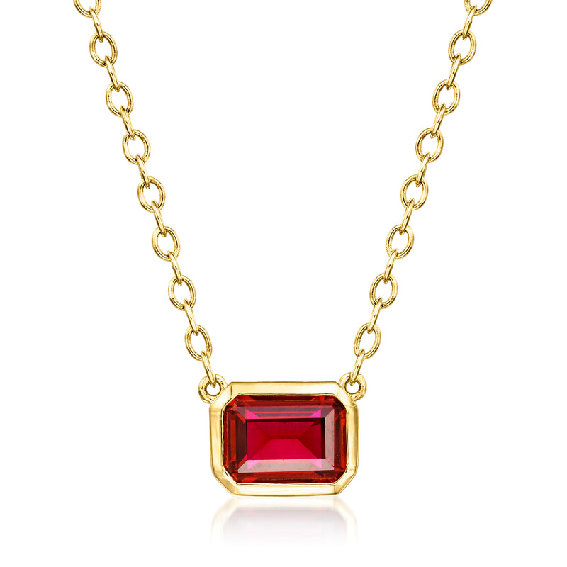 Gold over sterling necklace with red square-cut ruby pendant on curb chain