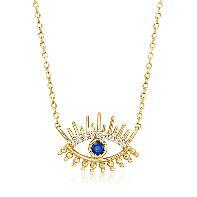 Gold vermeil evil eye necklace with blue sapphire center, diamond halo and chain
