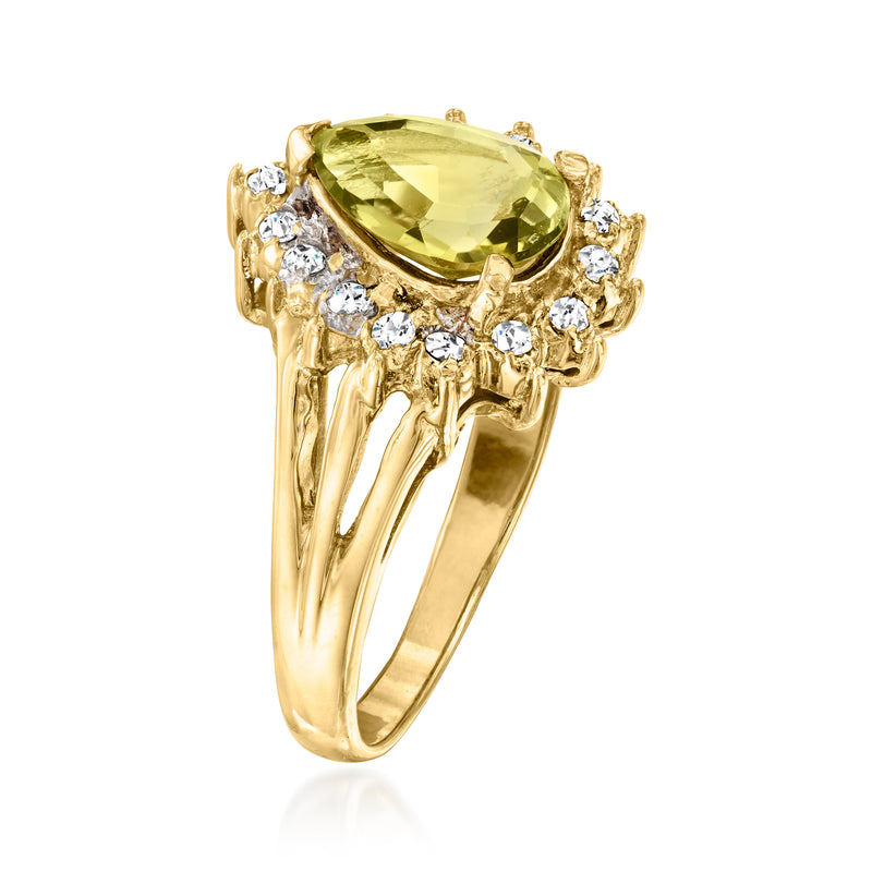 Vintage 14k yellow gold ring, side view with pear green tourmaline and diamond accents