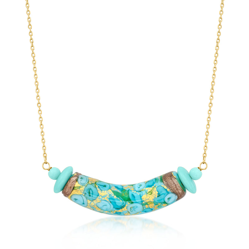 Gold-tone bead necklace with turquoise and blue oval Murano-style floral glass pendant