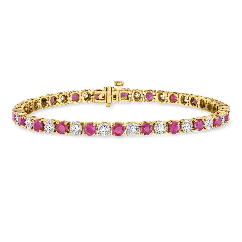 Gold tennis bracelet with purple ruby and clear diamond accents, hinged clasp center