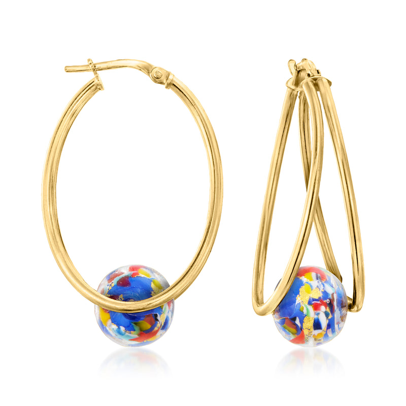 Gold-tone double-hoop earrings with round multicolored Murano glass drop