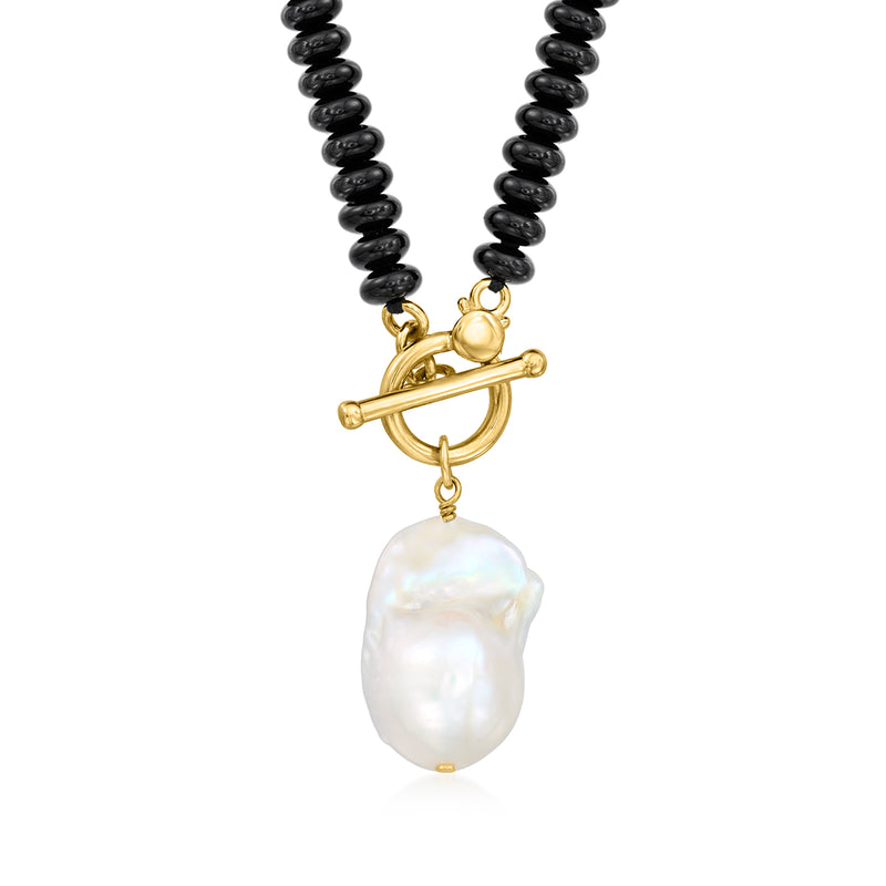 Onyx bead toggle necklace with white baroque pearl and gold clasp