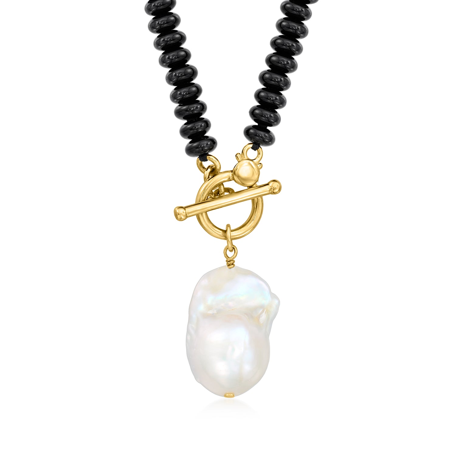 13-15mm Cultured Baroque Pearl and 6mm Onyx Bead Toggle Necklace in 18kt Gold Over Sterling