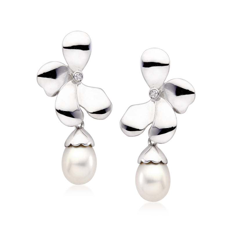 Sterling silver flower drop earrings with diamond accents and cultured pearl drops