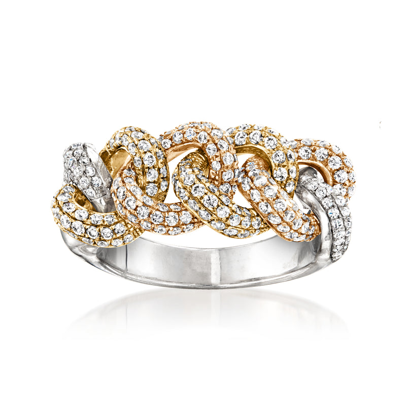 Two-tone gold diamond link ring with pavé-set interlocking loops