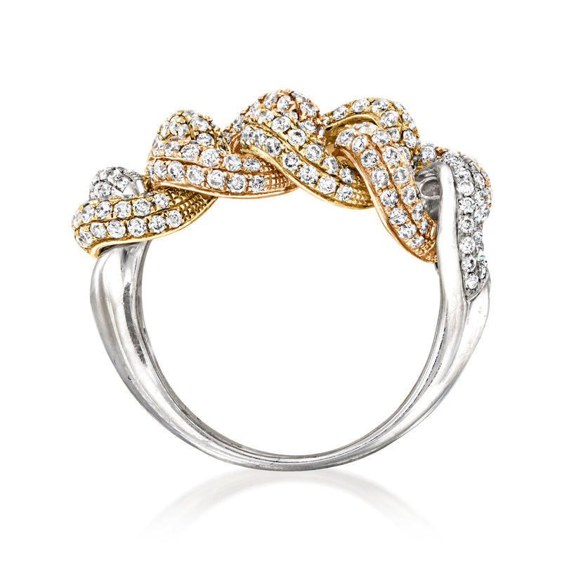 Diamond link ring in two-tone gold with intertwined pavé-set bands
