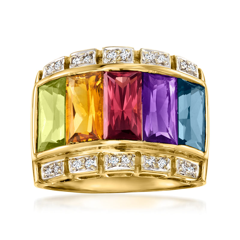 18kt yellow gold multi-gemstone ring with square rainbow stones and diamond accents