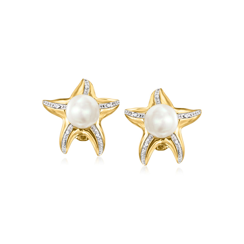 Gold starfish earrings with white pearl center and clear topaz accents