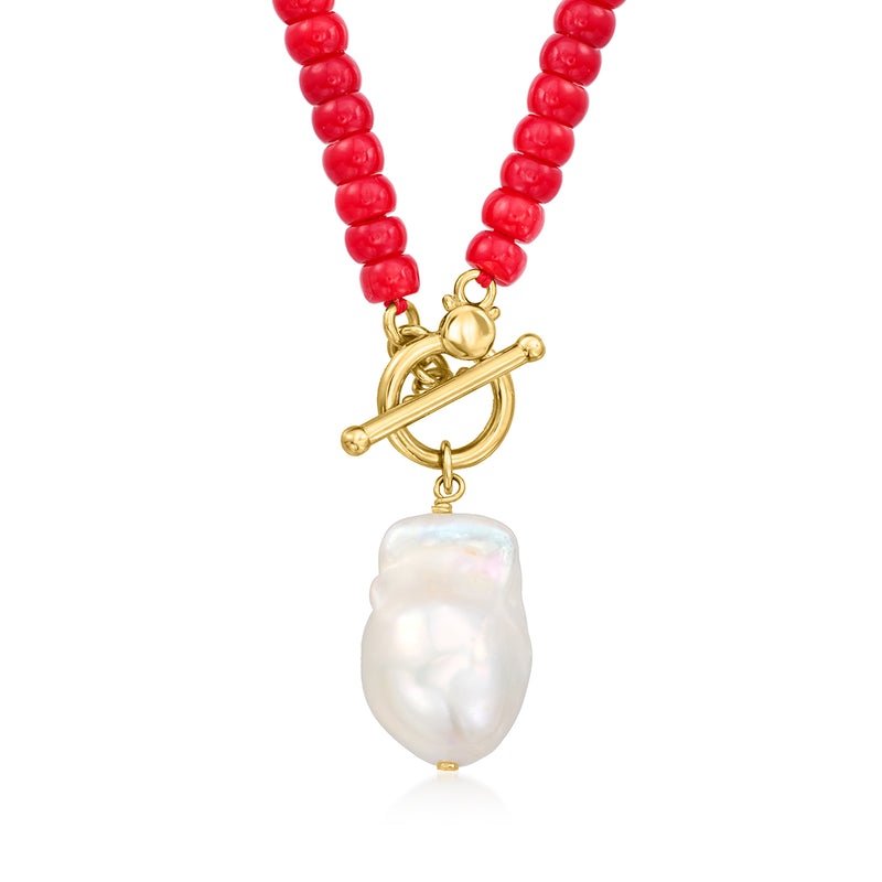 Red coral bead toggle necklace with gold clasp and large baroque white pearl pendant