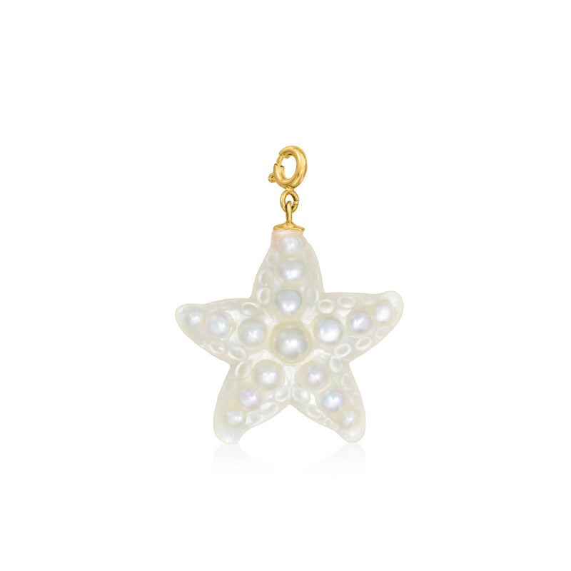 Mother-of-pearl starfish charm with pearl inlays, 18kt gold over sterling bail