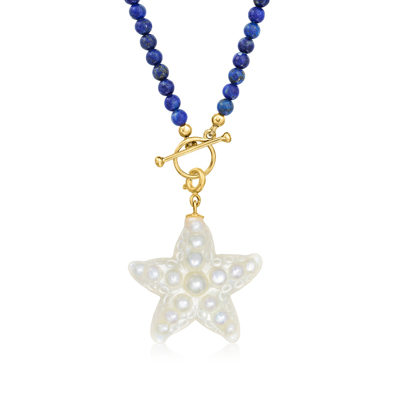 Starfish pendant charm with mother-of-pearl and cultured pearls, on lapis-blue bead strand