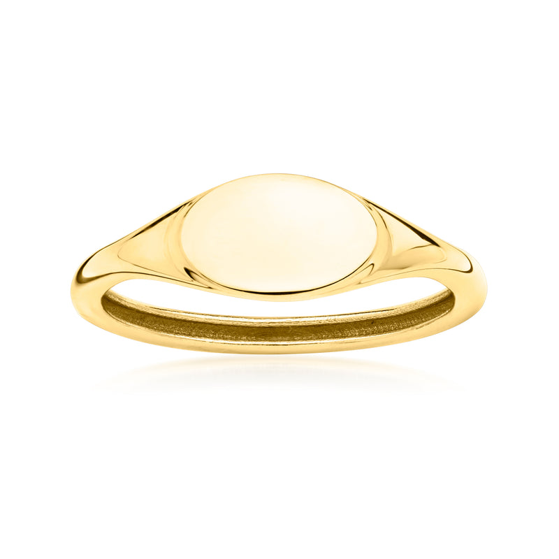 10kt yellow gold signet ring with smooth oval top bezel, polished band