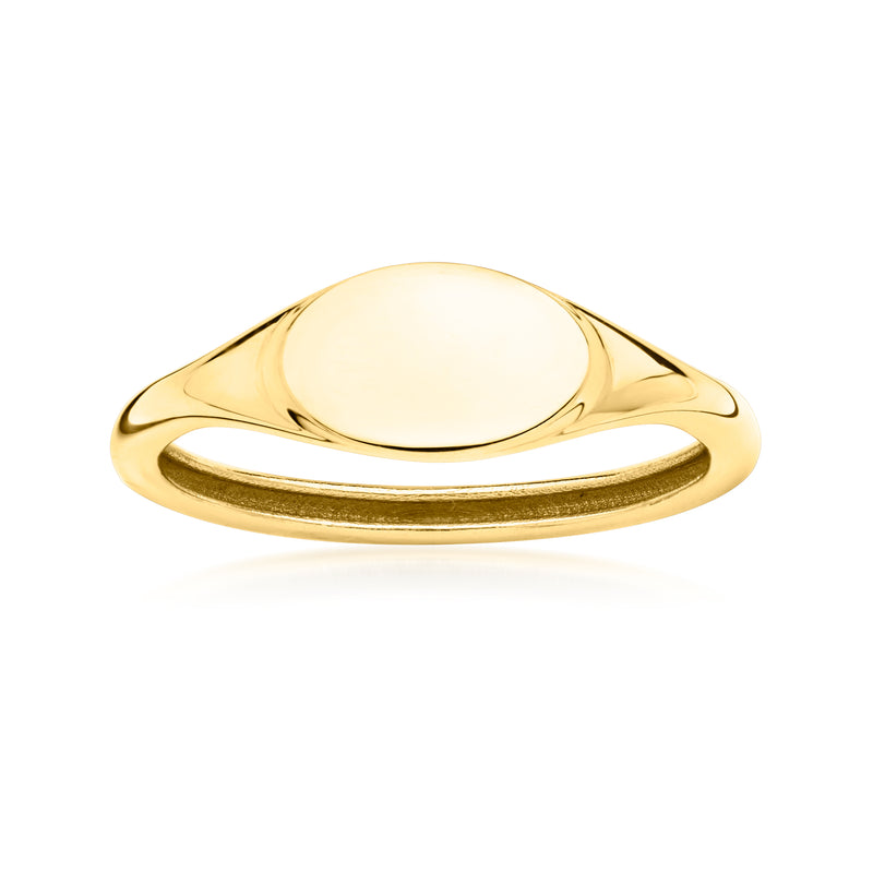 10kt yellow gold signet ring with smooth oval top, wide polished shank