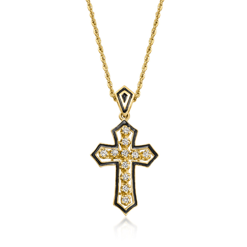 14kt yellow gold diamond cross pendant necklace with black enamel and link chain