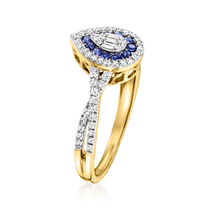 Vintage 14kt yellow gold diamond and sapphire ring with oval halo