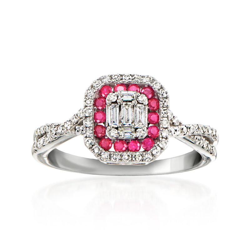 Vintage white gold cluster ring with ruby center and baguette diamond halo
