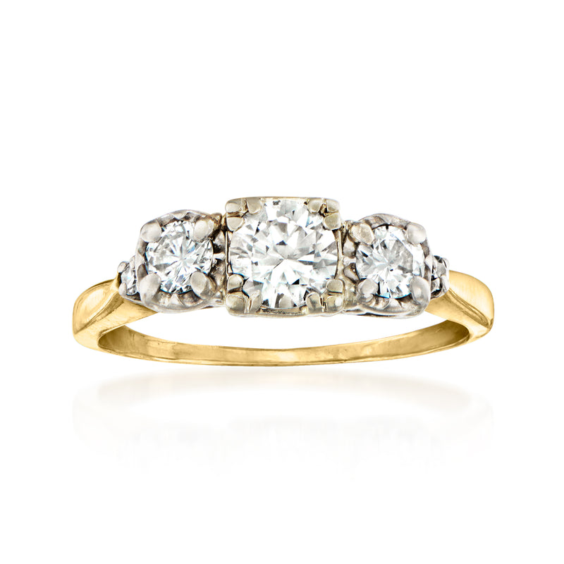 Vintage 14k yellow gold three-stone diamond ring, three round-cut stones