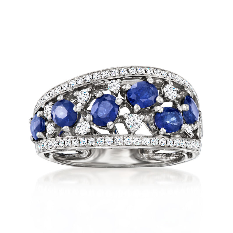 18k white gold openwork ring with blue sapphire and diamond accents, front view