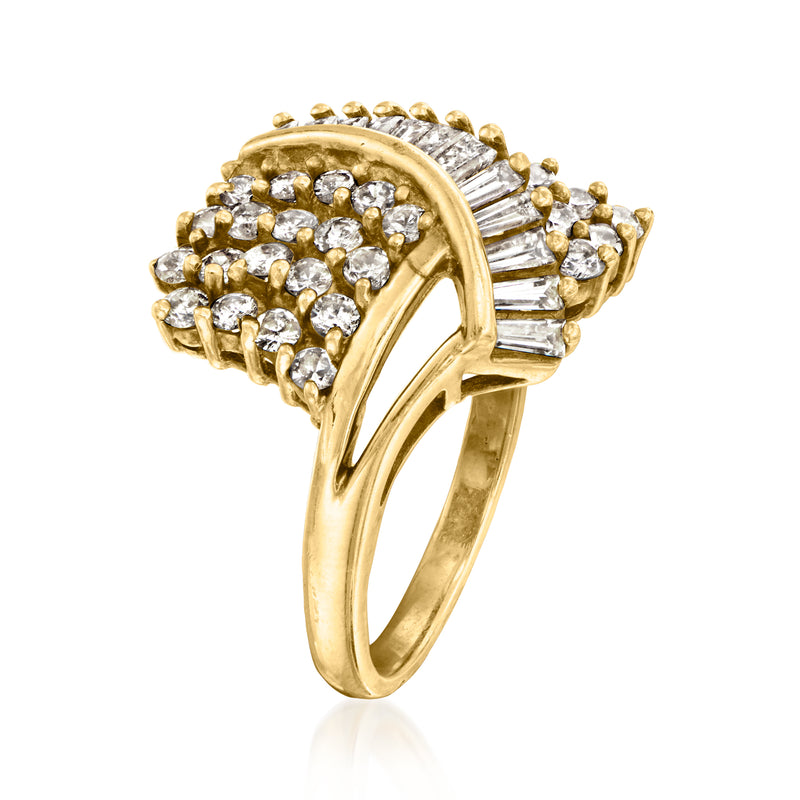 18kt yellow gold diamond cluster ring with curved baguette and round accents