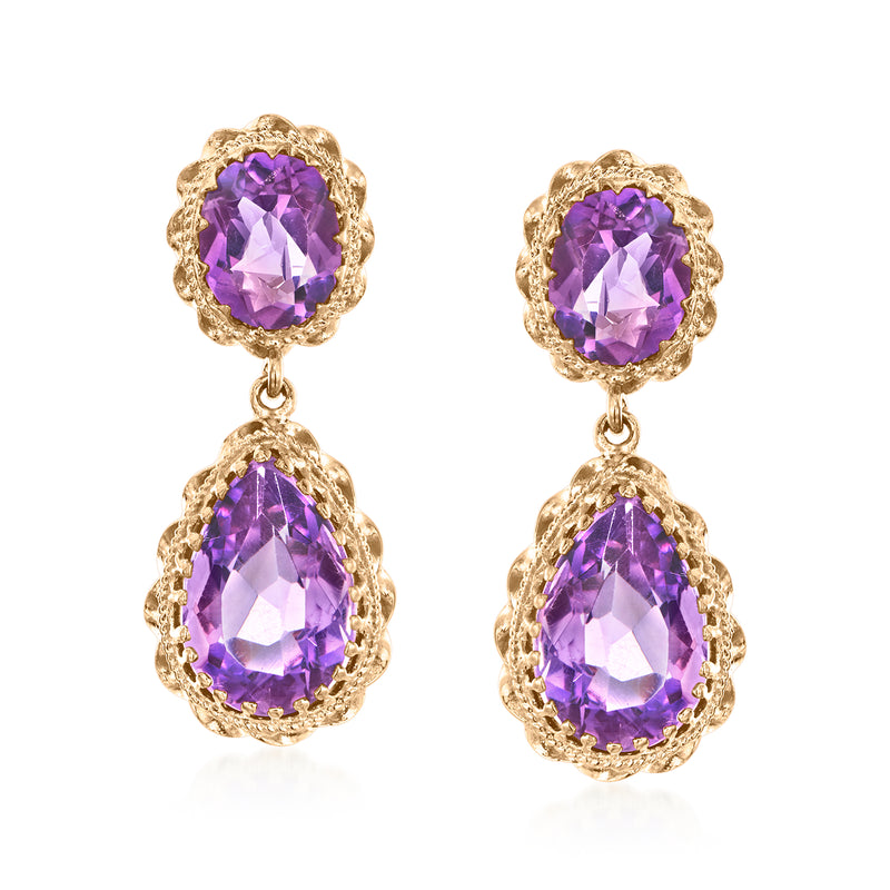 Amethyst drop earrings in 14k yellow gold with oval and teardrop purple stones