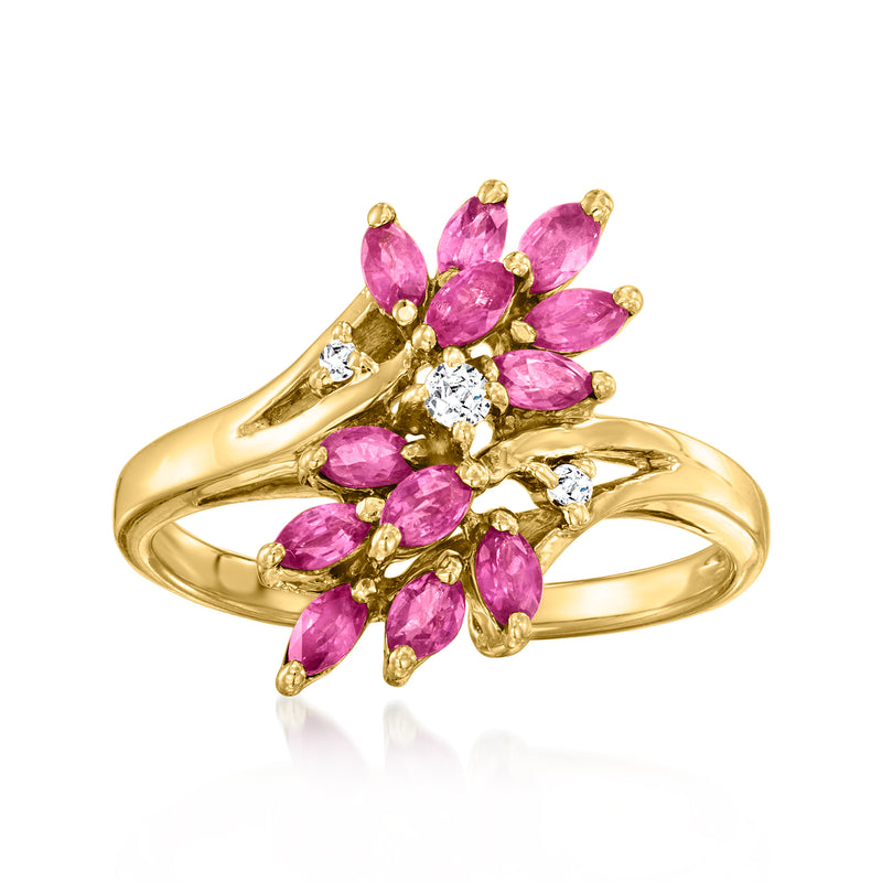 14kt yellow gold ring with pink marquise stones and small diamond accents