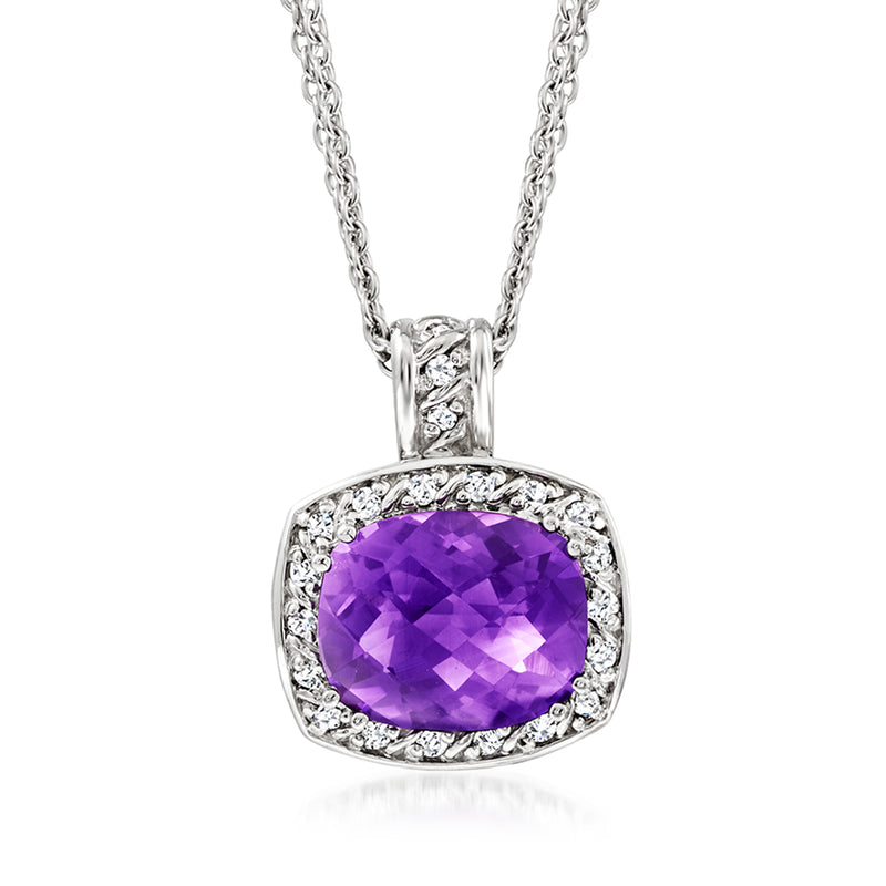 Amethyst pendant necklace with oval purple gemstone and diamond halo in white gold