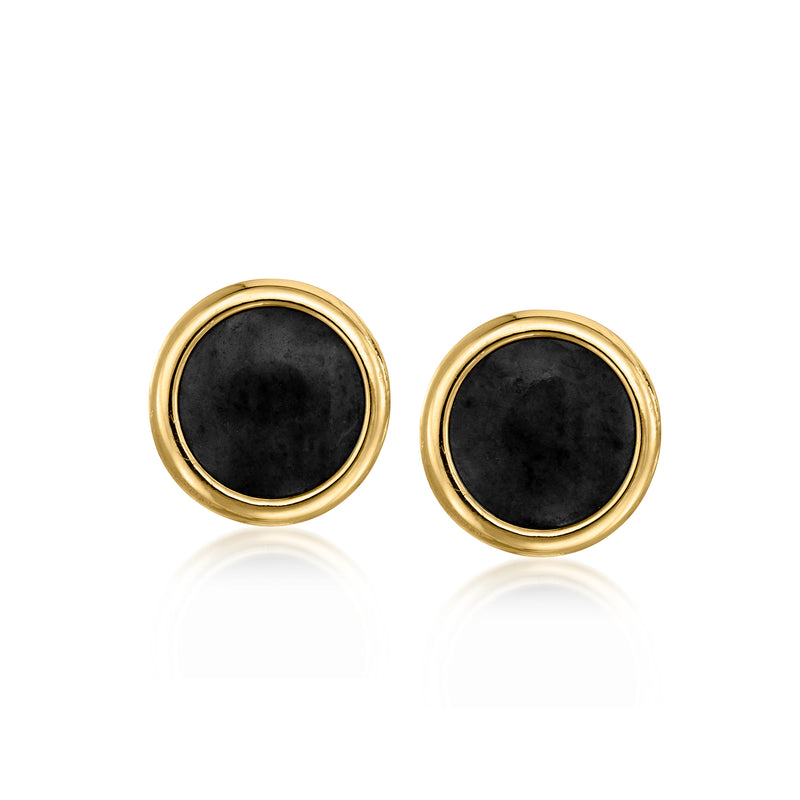 Onyx disc stud earrings in 14kt yellow gold, round black cabochons