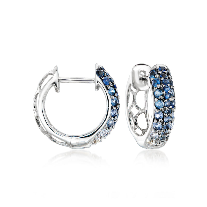 14kt white gold hoop earrings with blue sapphire-like stones, hinged clasp