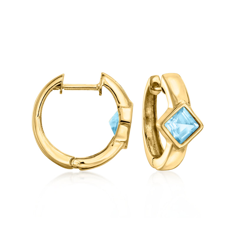 14kt yellow gold hoop earrings with sky-blue square gemstone detail
