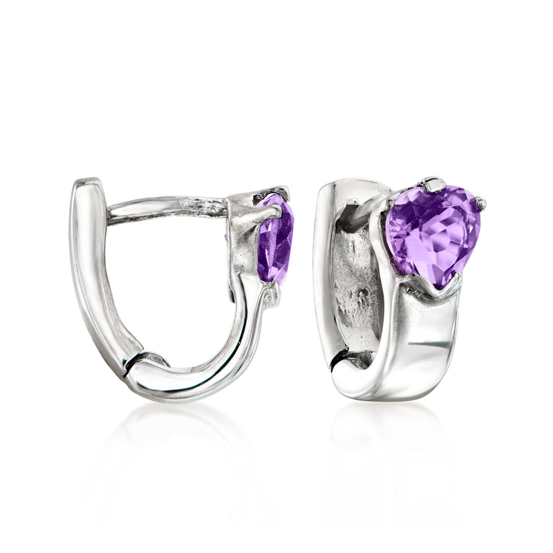 14kt white gold amethyst curved hoop earrings with heart-shaped purple stones