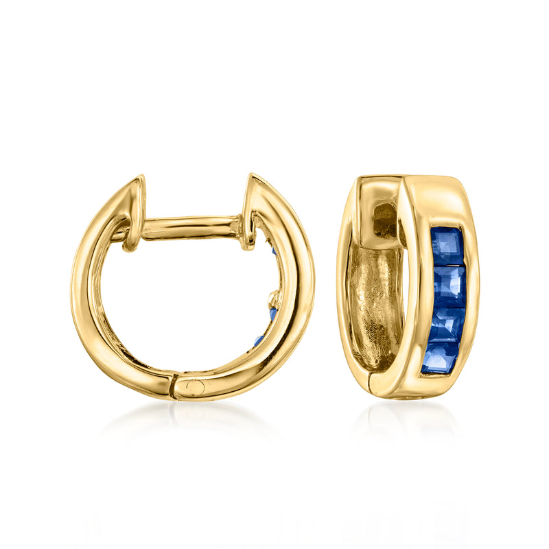 14kt yellow gold sapphire huggie hoop earrings with blue stone insets, post backs