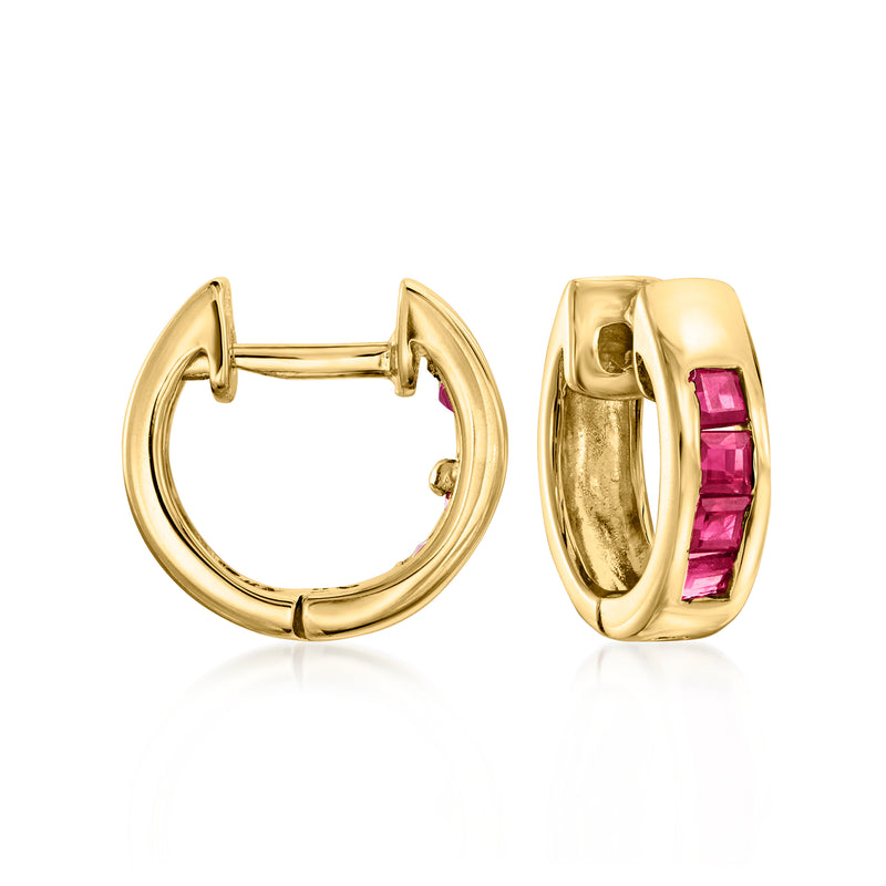 14kt yellow gold ruby huggie hoop post earrings with pink gemstone accents